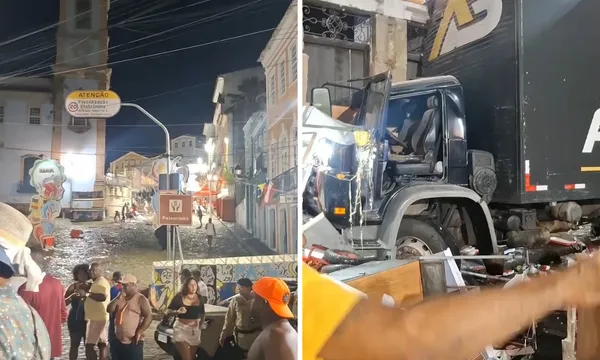 Caminhão da Empresa Angello Som perde controle e colide contra igreja no Pelourinho